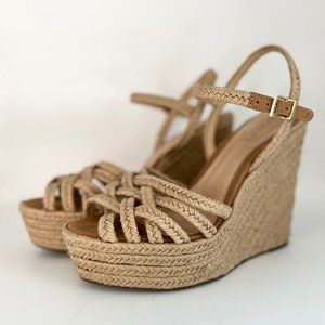 Schutz Leather Espadrille Woven Raffia Jute Strappy Platform Heels Wedge Sandals